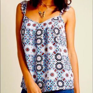 MODCLOTH GEOMETRIC FLORAL TANK TOP RUFFLED STRAP